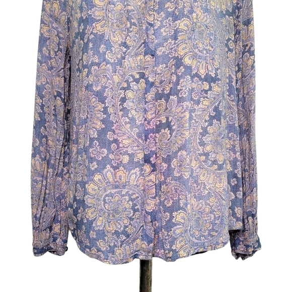 Lucky Brand Pleated Semi-Sheer Long Sleeve Button-Up Blouse Women's Size XS Blue - Picture 4 of 10